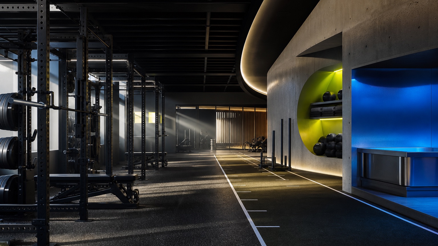 Dark boutique performance studio with lime and blue light