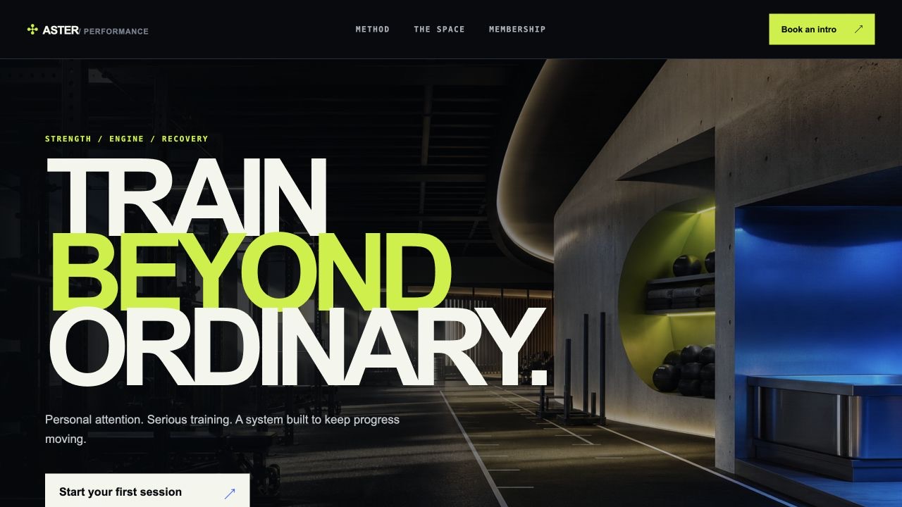Dark premium performance studio with electric lime and blue lighting