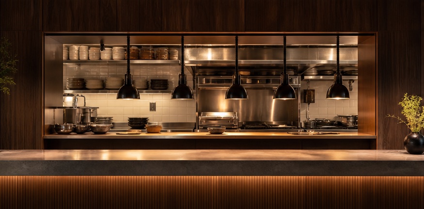 Open kitchen glowing before dinner service