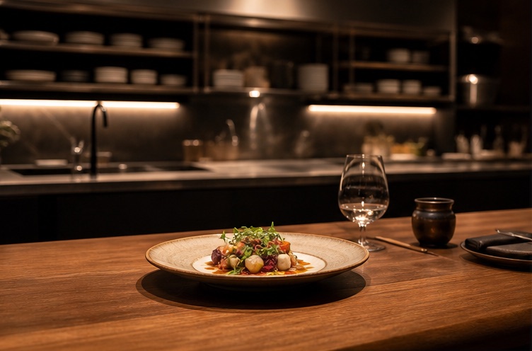 Chef's counter ready for an evening service