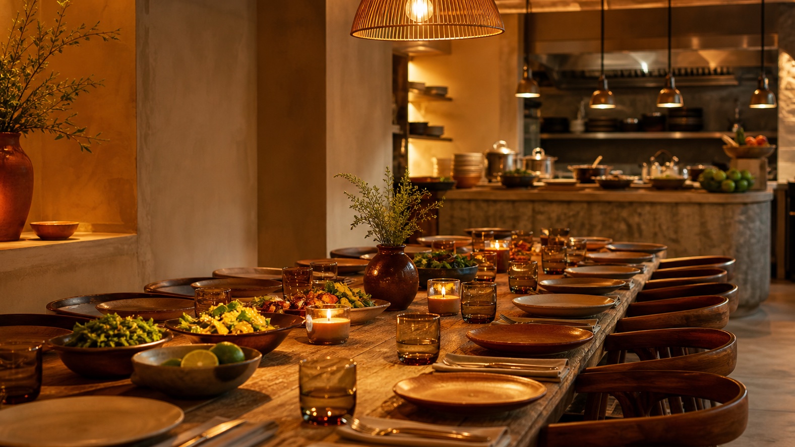 Warm communal table prepared for dinner at Casa Sazón