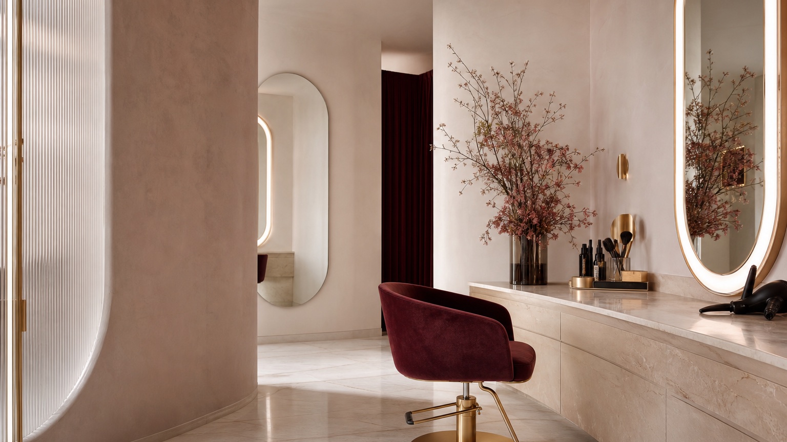 Sculptural beauty studio in ivory and burgundy