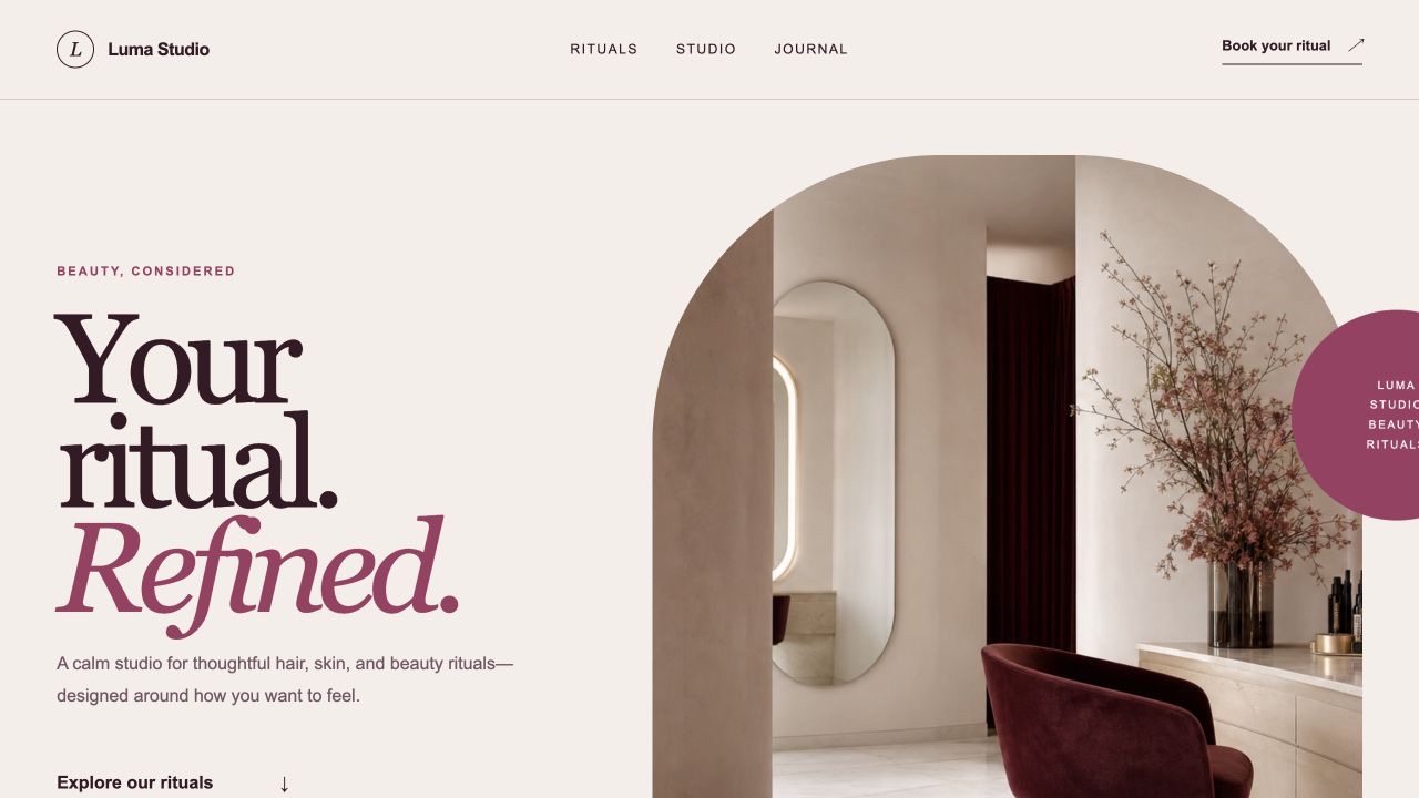 Serene beauty studio with soft rose tones and natural light