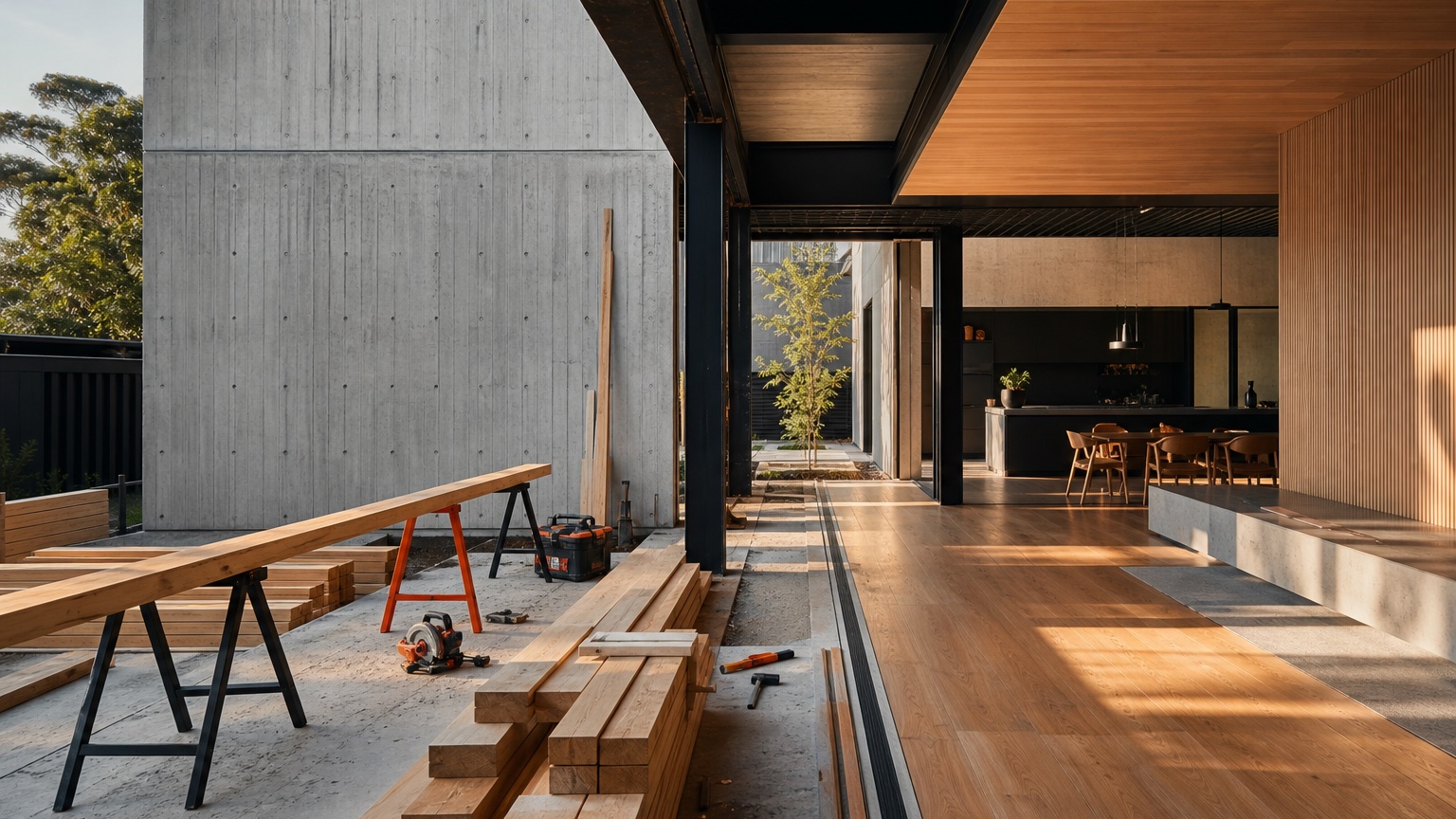 Modern home transitioning from construction to finished interior